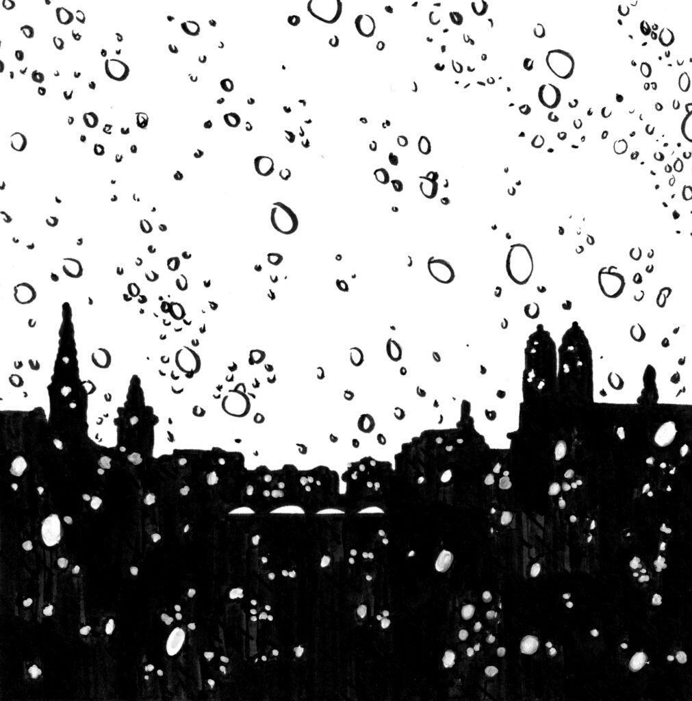 Zurich in the winter, snow falling